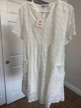 Minoli White Textured Dot Casual Kids Dress with Pockets